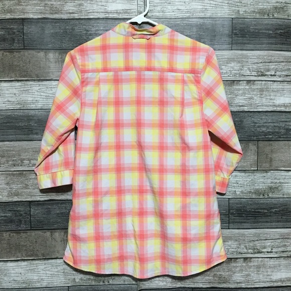 Helly Hansen Plaid Snap Button Shirt Women’s S Pink Yellow 1/2 Sleeve Collarless - Picture 5 of 9